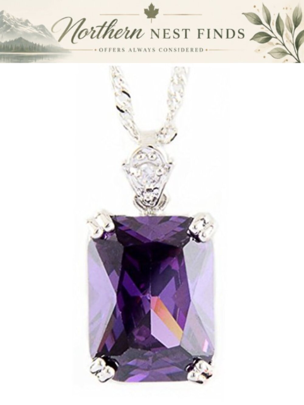 Pendant Necklace Rectangular CZ Birthstone White Gold Plated Brass Women